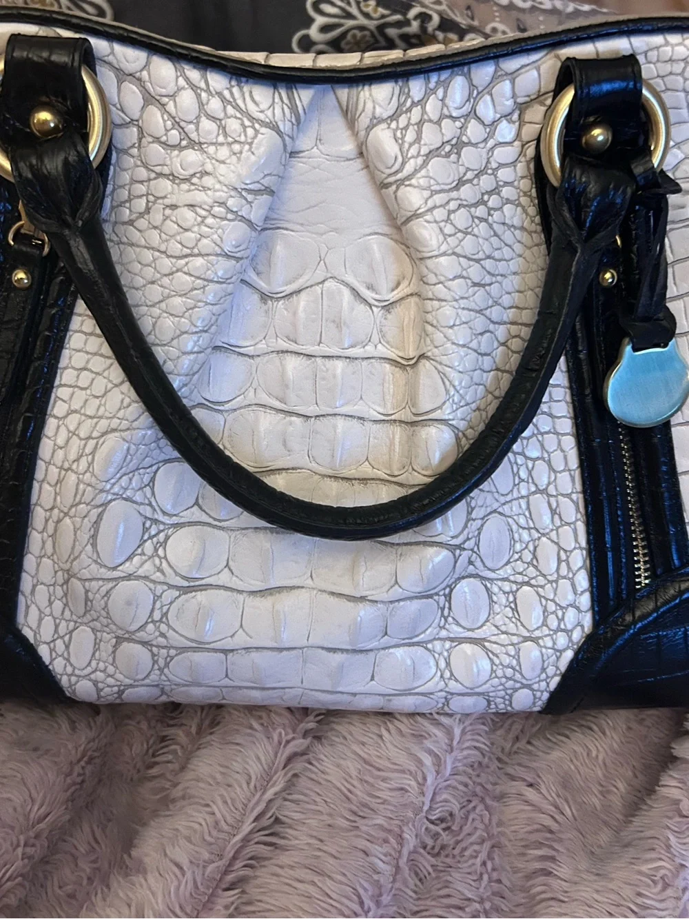 Brahmin White Croc-Embossed Satchel with Black Trim